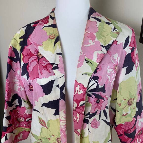 Coldwater Creek Petite Size PL Linen Silk Blend Floral Open Front Blazer Jacket - Picture 3 of 8
